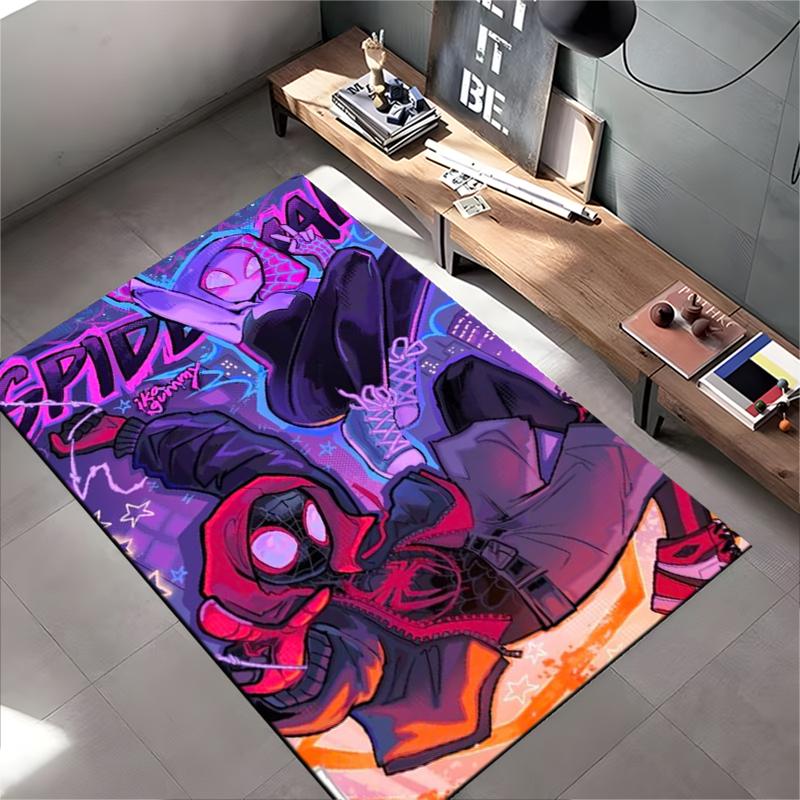 Area Rug, Spider-Man Spider-Verse Miles Morales Gwen Stacy Neon Purple Pink City Print, Playroom Decor, Non-Slip Mat