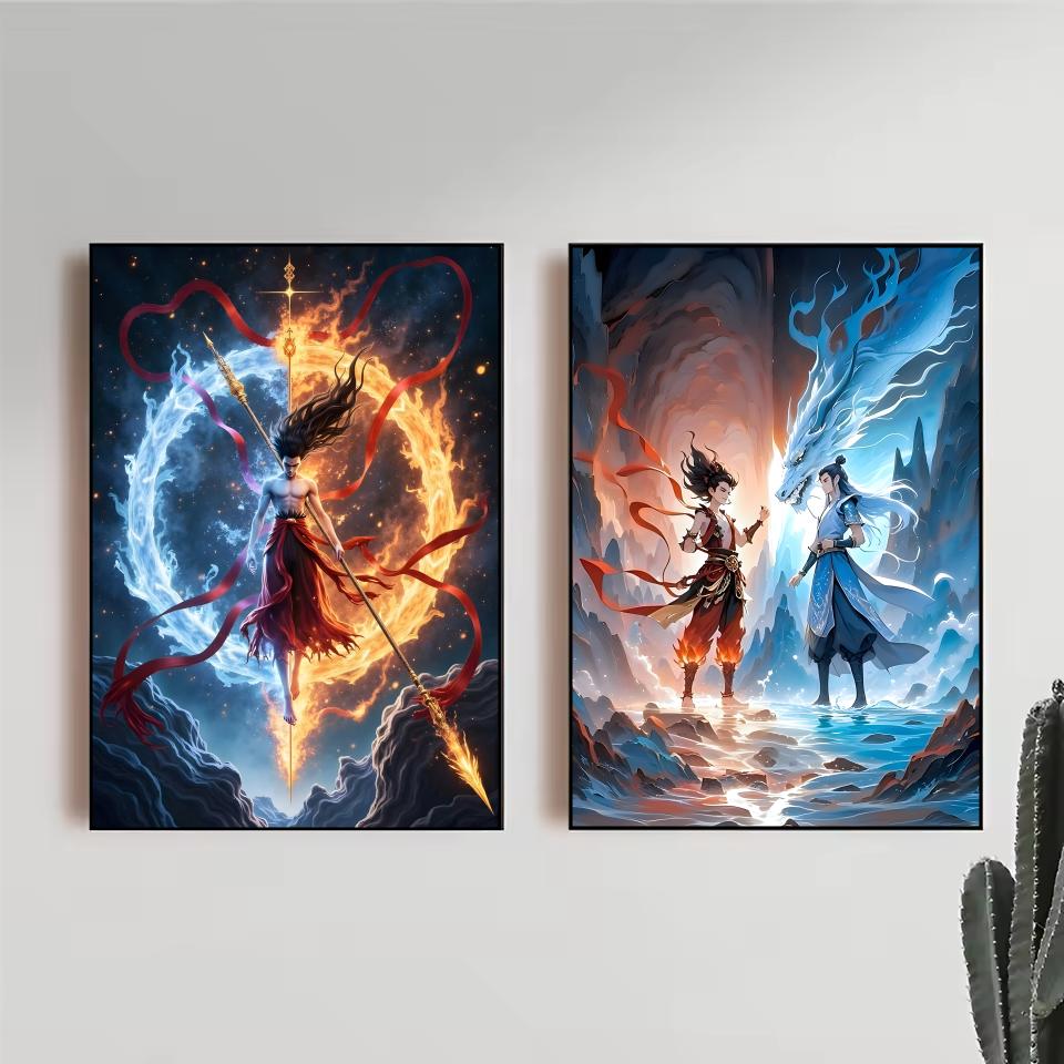 Chinese Anim Nezha Painting Calligraphy HD Canvas Poster living room bedroom bar aesthetic decoration