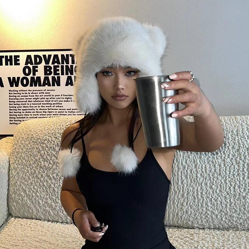 Y2K Winter New Style Fox Fur Bomber Hat with Thickened Earmuffs for Women Paternity Raccoon Ear Caps