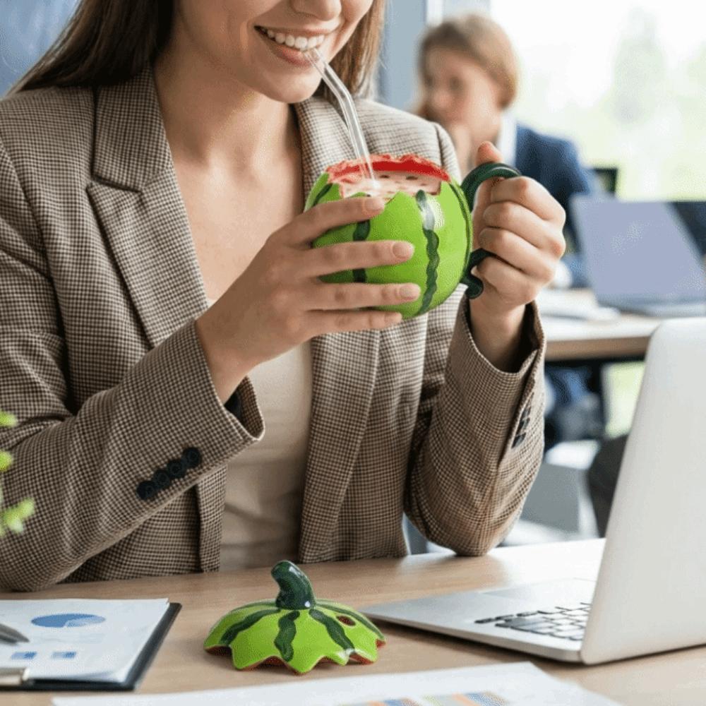 Leak-proof Ceramic Watermelon Cup Heat Resistant Cold Drink Cup Milk Tea Cup Coffee Mugs  Gift