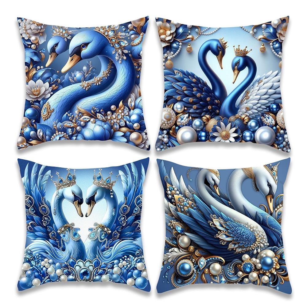 Exquisite Blue Swans Adorned with Jewels Pillowcases for Luxurious Comfort Sofa Cushion Cover Home Room Decoration