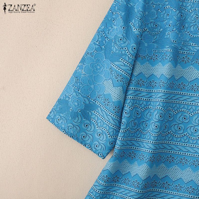 ZANZEA Женская повседневная блузка с круглым вырезом, рукавом три четверти, свободного кроя, с принтом