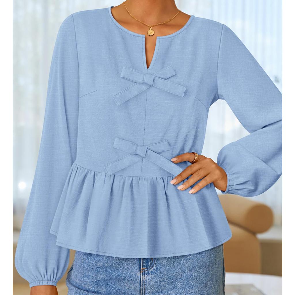 Женская футболка однотонная с V-образным вырезом, с длинным рукавом, топ с завязками-бантами