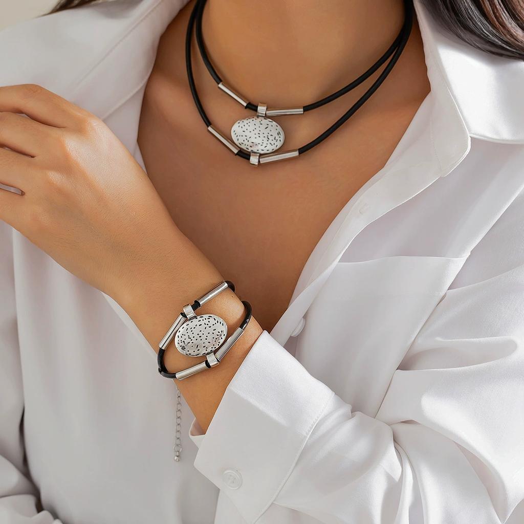 2 шт./компл. винтажный металлический овальный браслет из искусственной кожи с ожерельем для женщин, модный золотой серебряный цвет, двухслойная цепочка, комплекты ювелирных изделий