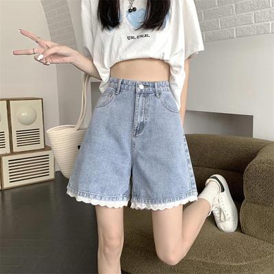 Женские широкие джинсовые шорты, симпатичные кружевные джинсы с высокой талией, брюки-трапеция, большие размеры, корейский стиль, модная одежда 2010 года, лето