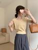 2025 Весна Повседневный трикотажный топ с U-образным вырезом и короткими рукавами в корейском стиле - Однотонный