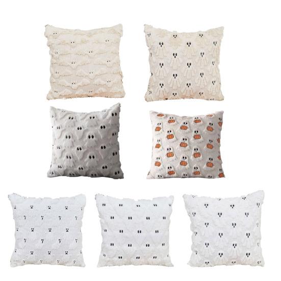 Halloween Decorative Pillow Cover Soft Plush Throw Cushion Case with 3D Embroidered Ghost Pumpkin Design for Couch Sofa Bedroom