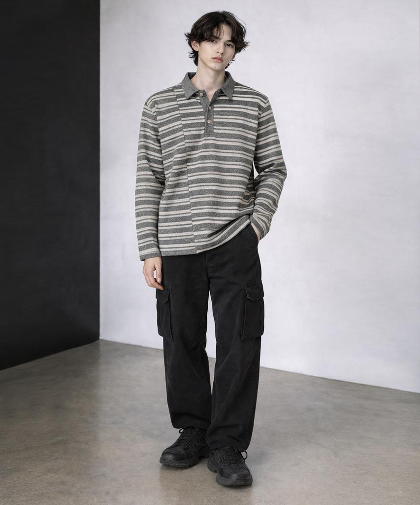 AZENDER Striped Polo Shirt Melange Gray