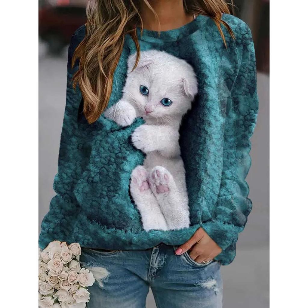 FiveFive Женская весна-осень O-образный вырез пуловер с капюшоном милый кошачий принт удобная повседневная толстовка женская корейская свободная длинная рукава топы