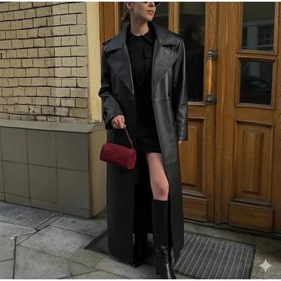 Женский кожаный тренч из овчины, приталенный, из натуральной кожи, новый, черный, ручной работы, мягкий, повседневный