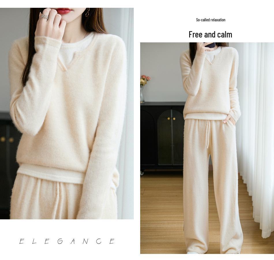 2025 Autumn/Winter Women's Wool Knit Loose V-Neck Pullover with Faux Two-Piece Design