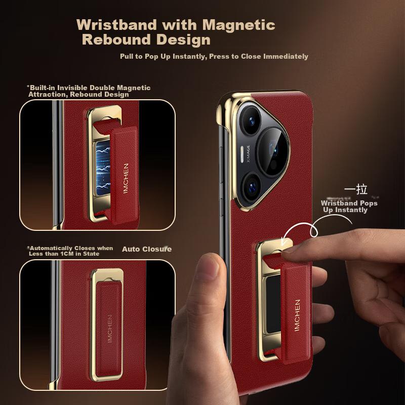 Wrist Strap Stand | Tech LeatherPhone Case for Huawei Pura70Pro, Pura70Pro+ Full Lens Protection, Ultra-Thin Shockproof - Black