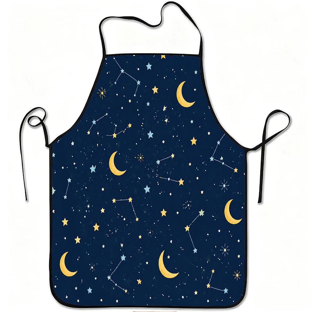 1pc Celestial Apron with Moon & Stars Constellation Print - Adjustable Waistband, Durable Easy-Clean Polyester Suitable for Cooking, Gardening, Orchar