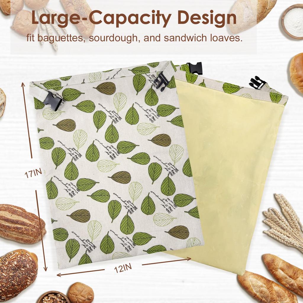 Beeswax Bread Bag Green Reusable Linen Storage Bag with Buckle for Fresh Baking