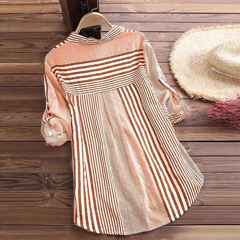 Plus Size Womens Three Quarter Striped Print V-Neck Loose Fit Top T-Shirt Blouse