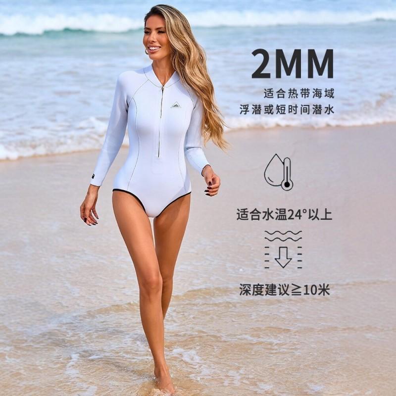 2mm Womens Full Body Wetsuit Long Sleeve White Scuba Diving Suit Freediving Snorkeling Swimming