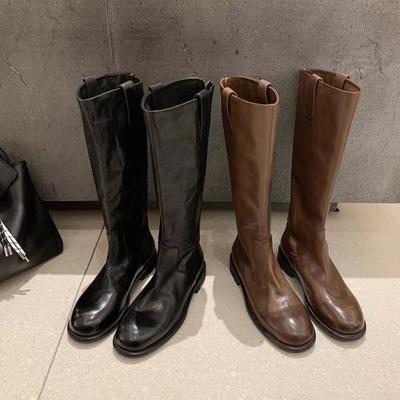 Версия из лошадиной кожи! Укороченные узоры, круглый носок из лошадиной кожи, толстая подошва, толстый каблук, облегающие рыцарские сапоги средней длины