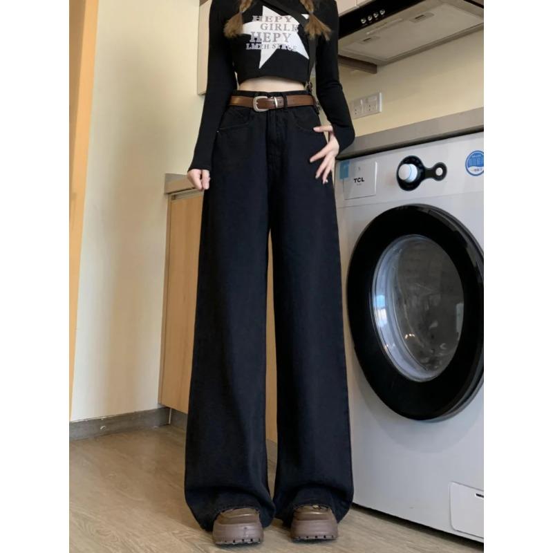 Black Wide Leg Jeans Women New Chubby Girl Plus Size Loose High Waist Cover Slimming All-Match Straight Mop Pants