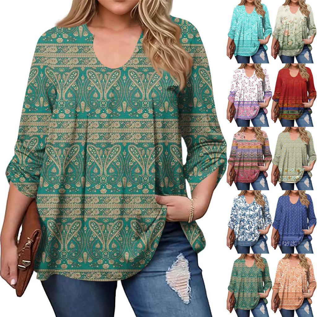 Women's Plus Size Fashion Printed Casual Pleated Round Neck Long Sleeve Top