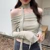 One-line Shoulder Slimming Short Long Sleeve T-shirt Women Spring and Autumn New High-grade Spice Girl Blouse Scarf Set