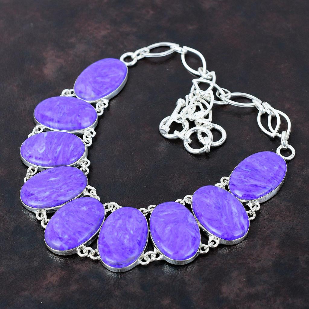 Ожерелье из драгоценного камня чароита, ожерелье из стерлингового серебра 925 пробы, регулируемое ожерелье-цепочка, серебряные украшения ручной работы, свадебный подарок, ожерелья с камнем по рождению