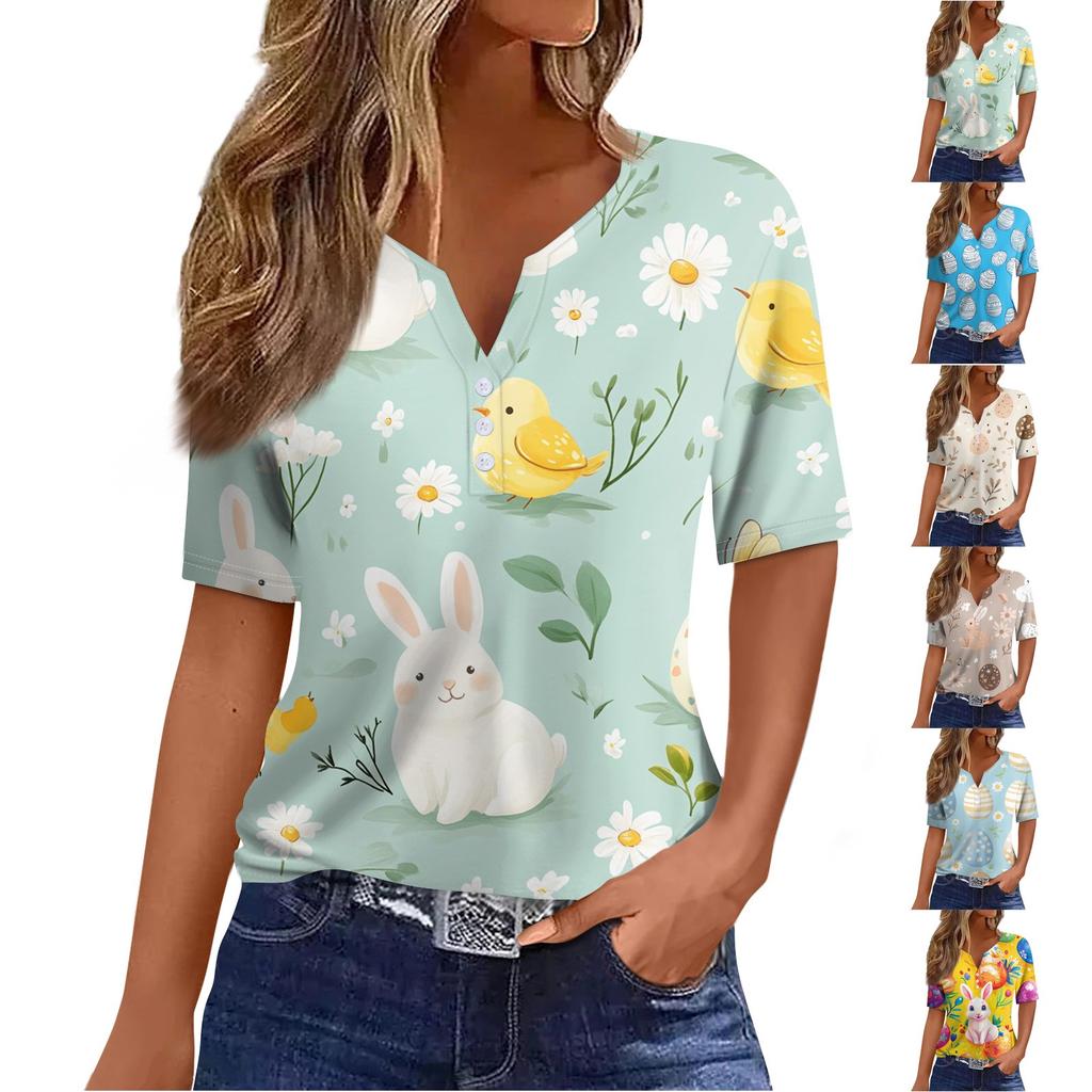 Women's T Shirt Print Button Short Sleeve Daily Weekend Fashion Basic V- Neck Regular Top