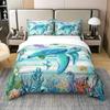 Turtle Bedding Set Microfiber Teen Bedding Light Blue Cute 3D Set for Small Double 3Pcs, Turtle Duvet Cover Set with Zipper