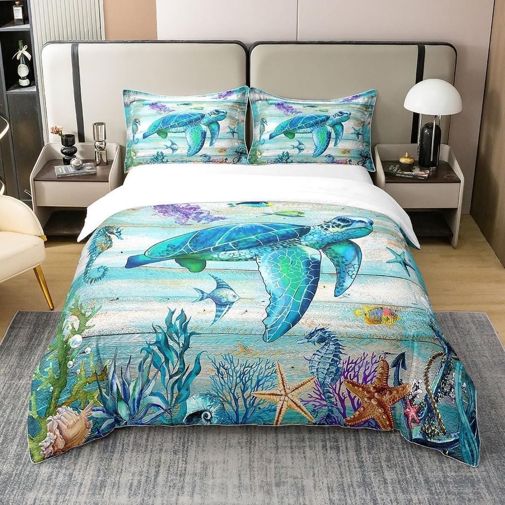 Turtle Bedding Set Microfiber Teen Bedding Light Blue Cute 3D Set for Small Double 3Pcs, Turtle Duvet Cover Set with Zipper