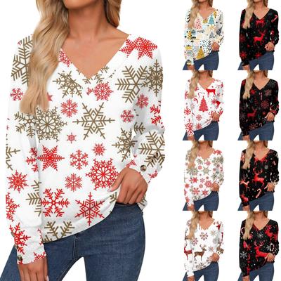 Женская повседневная мода рождественский олень длинный рукав манжеты пуговицы рубашка V-образный вырез повседневные свободные футболки топы