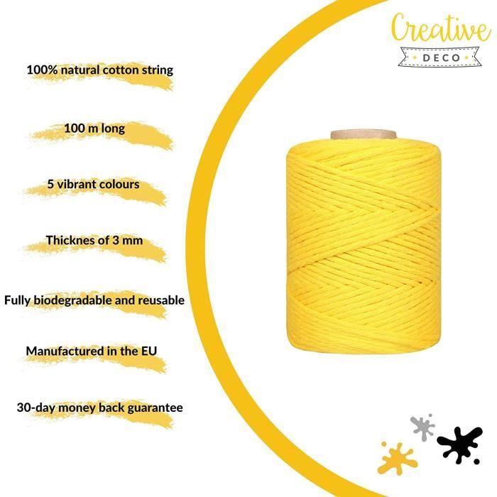 Cordelette - Coton - Corde Macramé - 3mm - 100m - Jaune - 15 Plis