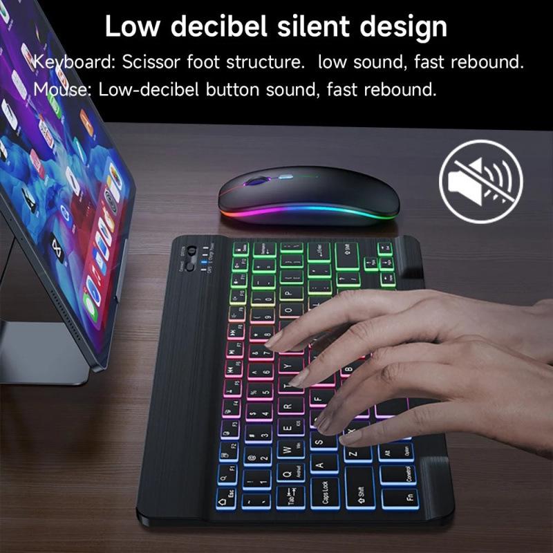 Русская Bluetooth-клавиатура и мышь с подсветкой, совместимые с iPad, телефонами, планшетами, с испанской и арабской раскладкой и семицветной подсветкой.
