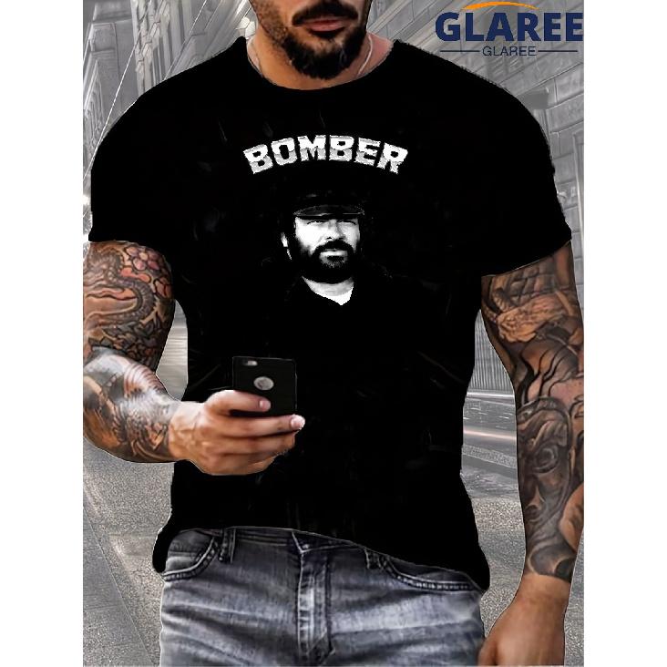 Men's black short sleeve t-shirt with bomber graphic print, crew neck, relaxed fit, soft cotton feel, streetwear style for casual daily wear and