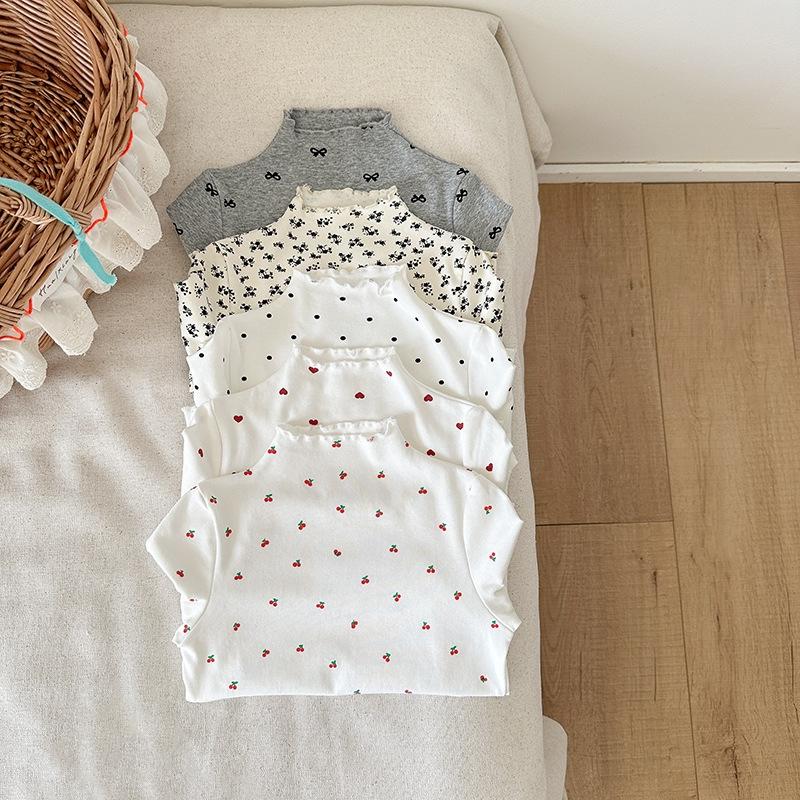 Children Girls Long-sleeved T-shirts Autumn Dot Print Infant Babys Girl Tops Turtleneck Bow Flower Toddler Kids Girls Undershirt