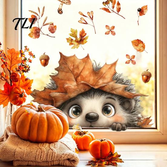 Waterproof PVC Stickers for Glass Doors Autumn Static Window Sticker with Cute Animals & Maple Leaves, Removable Harvest Clings Festival Clings,