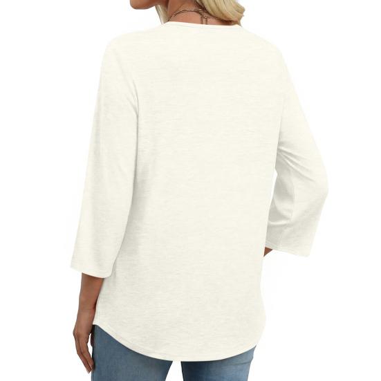 Женские топы с рукавом три четверти, V-образным вырезом, с узором из ажурной вышивки, свободного кроя, повседневная блузка, для повседневной носки