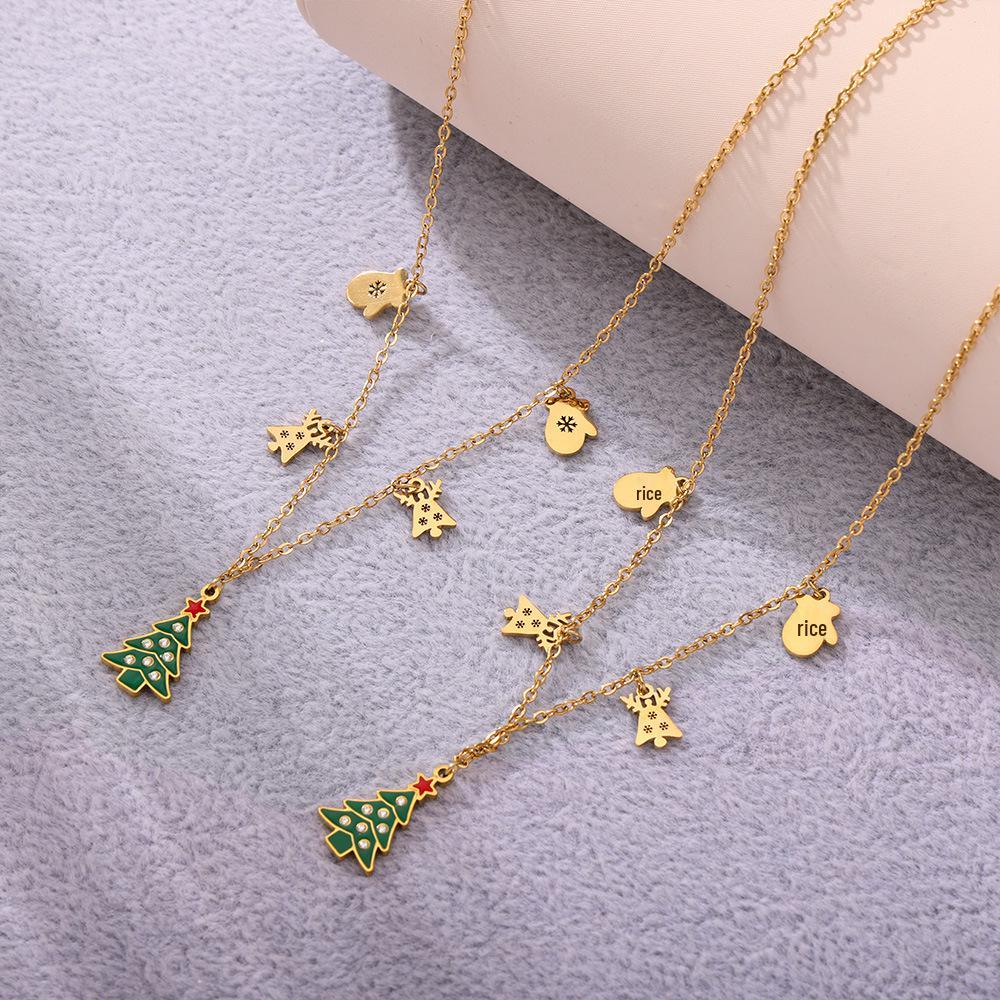 Подвеска-кулон в виде зеленого эмалированного колеса обозрения на рождественскую елку с цирконом, кисточкой в виде оленя и цепочкой из нержавеющей стали.