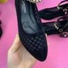 Women's Rhinestone Single Pumps Shoes Ladies Elegant Mesh Hollow Breathable Soft Sole Thick Medium Heel Sandals Loafers