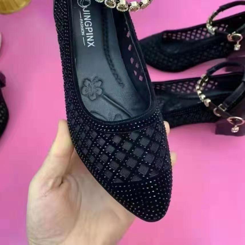 Women's Rhinestone Single Pumps Shoes Ladies Elegant Mesh Hollow Breathable Soft Sole Thick Medium Heel Sandals Loafers