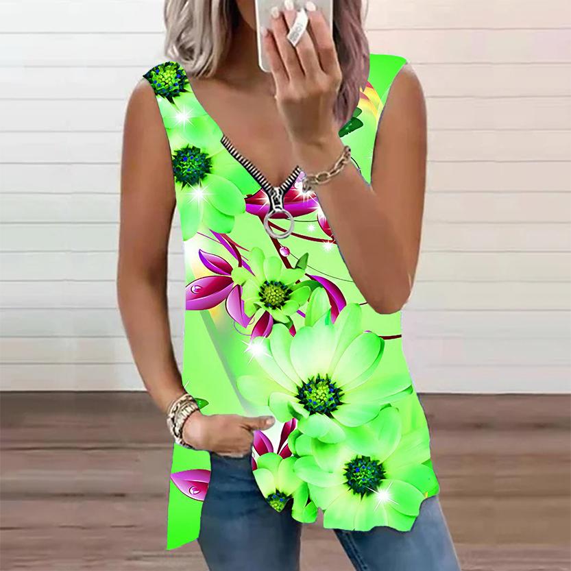 Женский топ, летняя новая мода, повседневный топ с принтом солнечных цветов, большие размеры, без рукавов, на молнии, с v-образным вырезом, майка