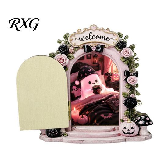 Small Halloween Door Decoration Cute Ghost/Mouse Ornaments, Miniature Decoration, Double Pink Display Layer Arch Wall Corner Decor for Bookshelf
