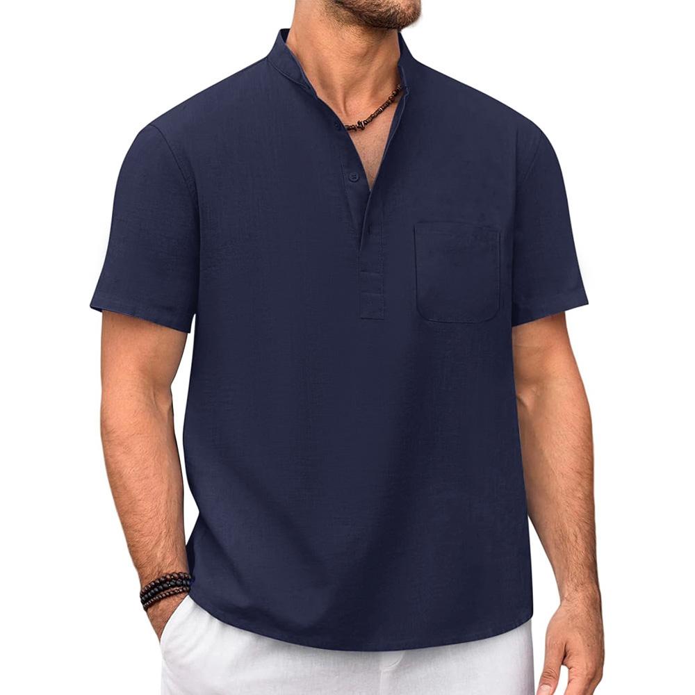 Мужская футболка из хлопка и льна, хенли, повседневная, однотонная, с коротким рукавом, легкая, дышащая, для отпуска, пляжного стиля