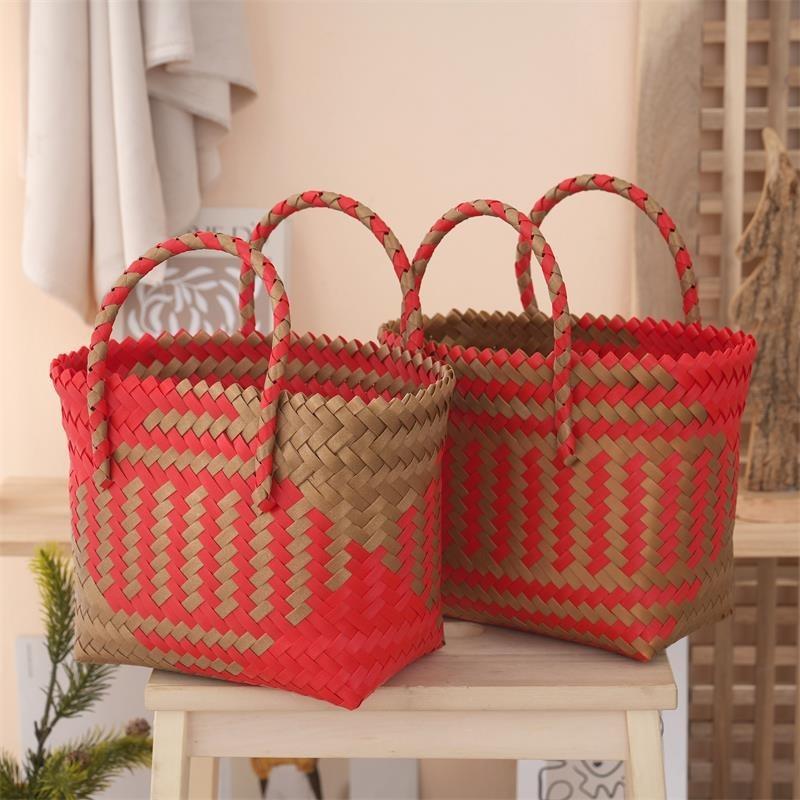 New Red and Gold Woven Handbag Xipu Gift Bag Mid-Autumn Festival Gift Plastic Woven Small Basket Beach Bag