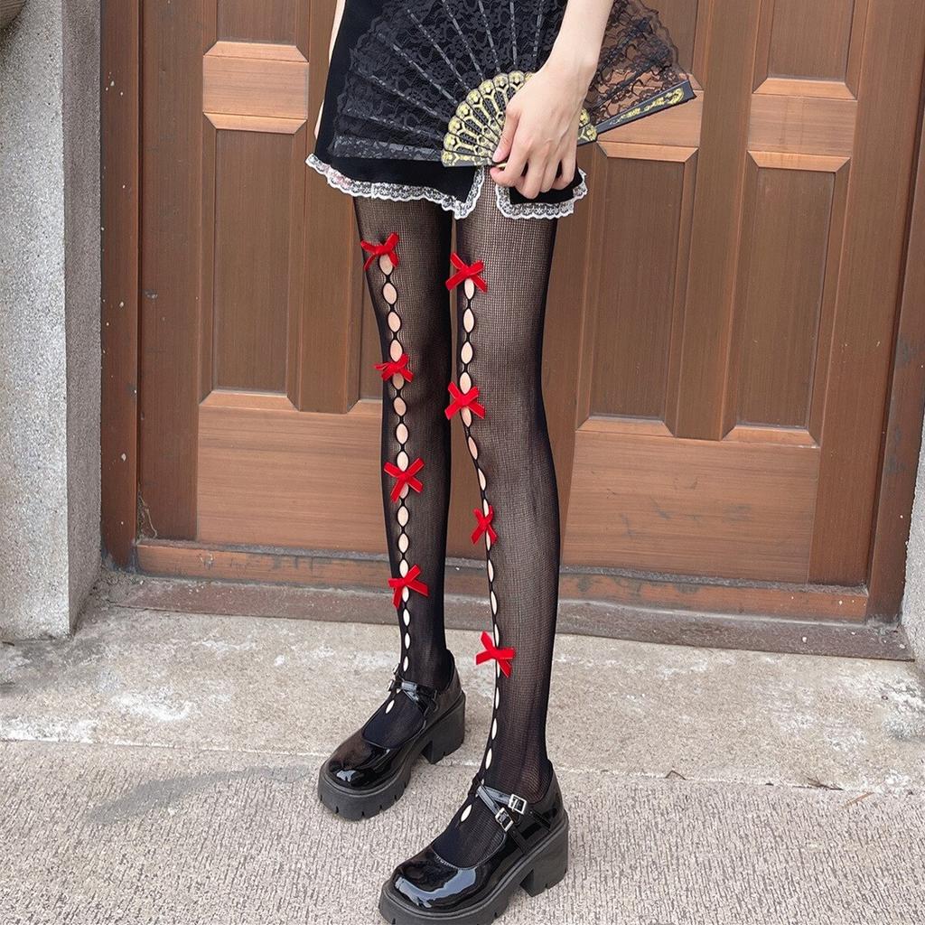 New Lace Tights Fishnet Silk Stockings Women Kawaii Bowknot Hollow Out Pantyhose Tide Japanese Girl Sex Thin Pantyhose
