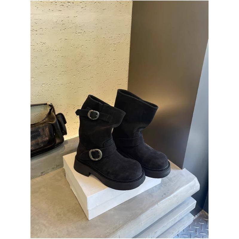 Fashion Fashion Belt Buckle Women's Boots Women's Round Toe Mid-Calf Boots New Low Heeled Knight Shoes 2024 Metal Buckle Non-slip Shoes