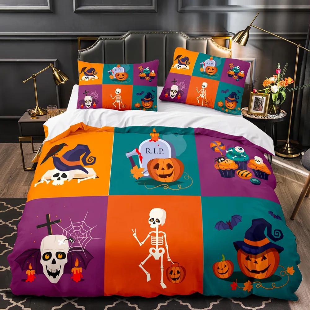 Пододеяльник на Хэллоуин King Queen Kawaii Cartoon Skull, комплект постельного белья для мальчиков, оранжевый, тыквенный, скелет, 2/3 шт., полиэстер, пододеяльник