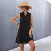 QICED Women's Lapel Patchwork Sleeveless Solid Color Dress