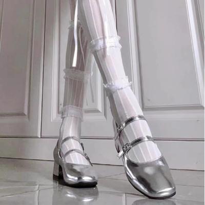 Модная обувь Мэри Джейн на высоком каблуке, женская, маленького размера, кожаная, с мелким вырезом, серебристая, 2024, новая, на толстом каблуке, туфли Лолиты, каблуки