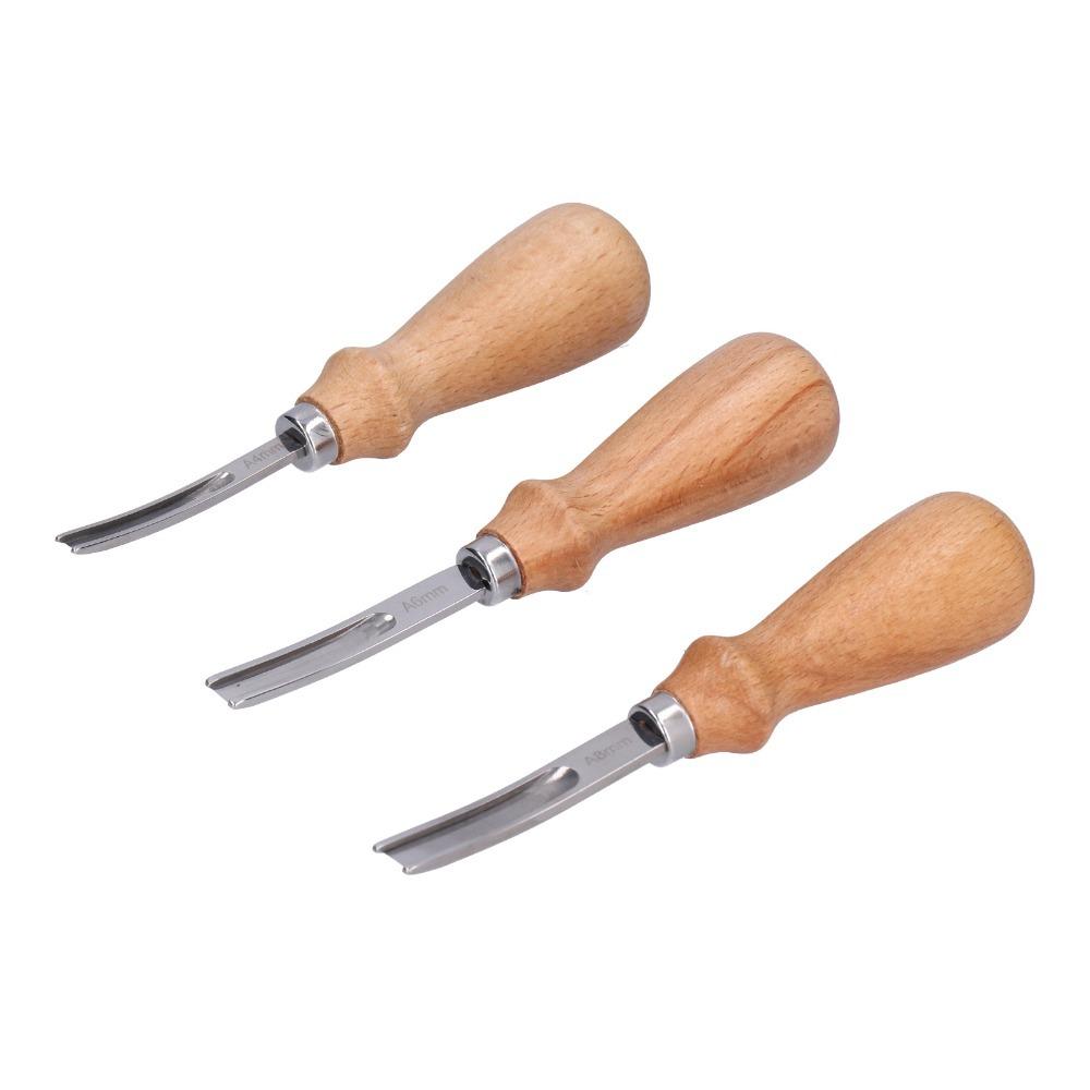 3pcs Wooden Handle Edge Skiving Tool Three Sizes (4mm/6mm/8mm) Leathercraft Trimmer DIY Leatherwork