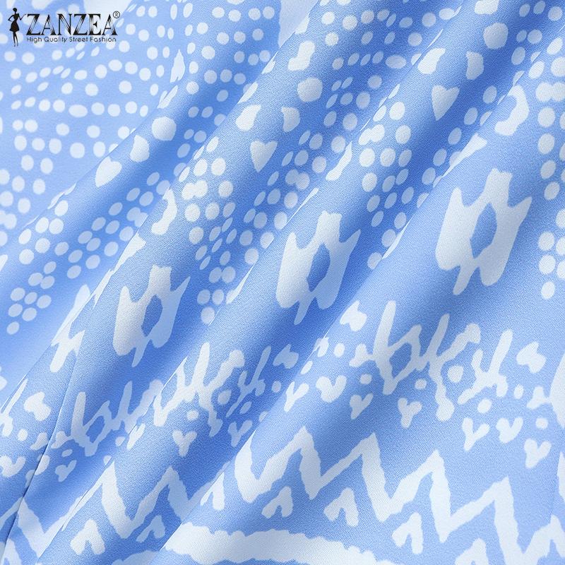 ZANZEA Women Summer Stand Collar Short Sleeve Casual Print Dress