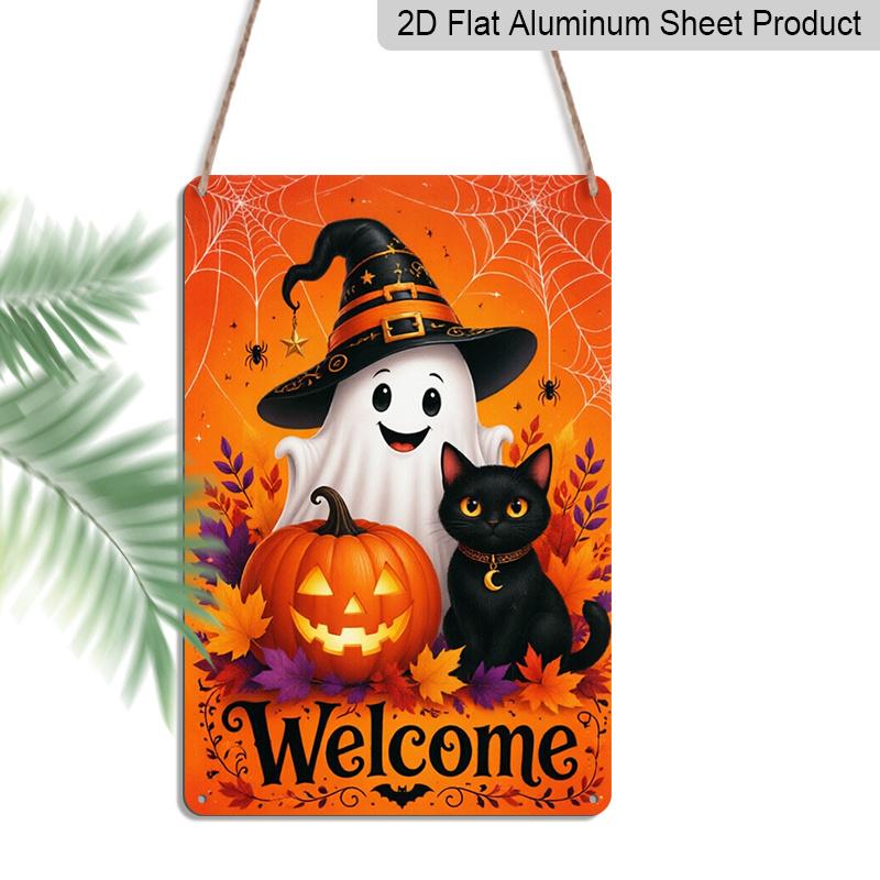 2D Flat Welcome Halloween Cute Ghost Black Cat Pumpkin Metal Sign - 8.0x12.0inch Aluminum Wall Art, Autumn Front Door Porch Decor, Pre-Drilled Holes